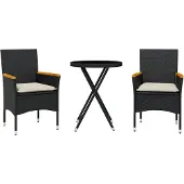 vidaXL 3-delige Bistroset met kussens poly rattan en glas zwart