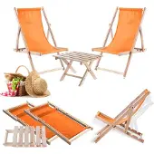 Kadax Anjouin natuurlijke ligstoel salontafelset + 2 oranje houten ligstoelen