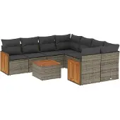 vidaXL 9-delige Loungeset met kussens poly rattan grijs