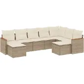 vidaXL 9-delige Loungeset met kussens poly rattan beige