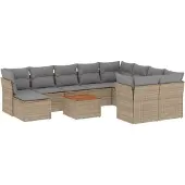 vidaXL 11-delige Loungeset met kussens poly rattan gemengd beige