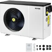 Vevor elektrische warmtepomp voor zwembaden, met een verwarmingscapaciteit van 1,48–7,11 kW, geschikt voor het verwarmen en koelen van warmwaterboilers voor zwembaden