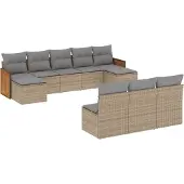vidaXL 10-delige Loungeset met kussens poly rattan beige
