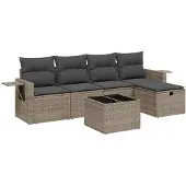 vidaXL 6-delige Loungeset met kussens poly rattan grijs