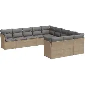 vidaXL 11-delige Tuinset met kussens poly rattan beige