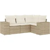 vidaXL 4-delige Loungeset met kussens poly rattan beige