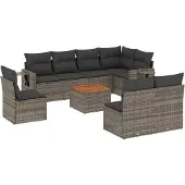 vidaXL 9-delige Loungeset met kussens poly rattan grijs