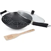 Ken Hom wokset, 4-delig. Koolstofstaal met antiaanbaklaag. Handgreep van fenolhars. Diameter: 31 cm