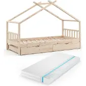 VitaliSpa Design Huisbed – 90x200 cm met logeerbed en matras Natuurlijk hout