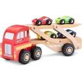 New Classic Toys Houten Autotransporter - Vrachtwagen met Aanhanger en 4 Auto’s - Educatief Speelvoertuig - Rollenspel Speelgoed - Vanaf 18 Maanden