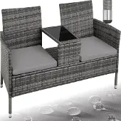 TecTake - wicker tuinbank met tafel, 2-zitsbank, 131 x 61 x 82 cm, bank voor tuinbalkon en terras, tuinbank inclusief zitkussen - grijs/lichtgrijs - poly-rattan