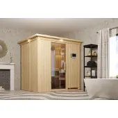 Karibu Sauna Fanja (entree aan de voorkant), volledig glazen deur, helder glas, oven 3,6 kW met geïntegreerde bediening