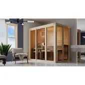 Karibu Sauna, binnensauna, model Irava 3, met voorzijde. Oven: 3,6 kW, externe bediening. Afmetingen: 216x137x198 cm, zonder dakrand