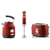 WESTINGHOUSE Retro ontbijtset, broodrooster met 2 sleuven, elektrische waterkoker, staafmixer, Staafmixer, Rood