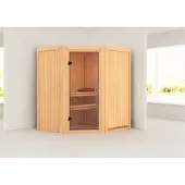 Karibu Sauna, binnensauna, model Tonja, hoekmodel, zonder accessoires, afmetingen 170x151x198 cm, zonder daklijst, met deur van helder glas