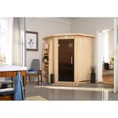 Karibu Sauna: Binnen sauna, hoekmodel. Ingang aan de zijkant. Oven: 3,6 kW, geïntegreerde bediening. Afmetingen: 151x151x198 cm. Zonder dakrand. Met grafietdeur