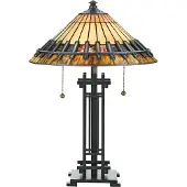 QUOIZEL Tiffany tafellamp Chastain, brons / oud-messing, Woon-/ Eetkamer, Glas, Tiffany, tafellamp