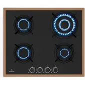 Klarstein Lumiflame gaskookplaat, 4 branders, 8 kW, koperen frame en glas, elektrische ontsteking, FFD-veiligheid, gietijzeren pannendragers, 60 cm, geschikt voor LPG en aardgas.