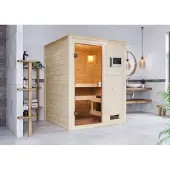 Karibu Woodfeeling Sauna Sandra (met voorinloop), volledig glazen deur, bronskleurig, 3,6 kW -oven met externe bediening, eenvoudig in gebruik