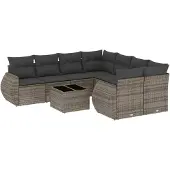 vidaXL 9-delige tuinmeubelset met kussens, grijs, polyrotan