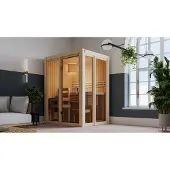 Karibu Sauna, binnensauna, model Irava 1, met voorinloop. Oven: 3,6 kW, geïntegreerde bediening. Afmetingen: 155x122x198 cm, zonder dakrand