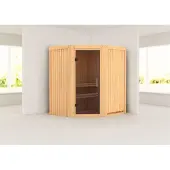 Karibu Sauna, binnensauna, model Tonja, hoekmodel, zonder accessoires, afmetingen 170x151x198 cm, zonder daklijst, met grijze deur