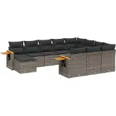 vidaXL 11-delige loungeset voor de tuin met kussens, grijs, polyrotan