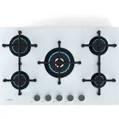 Klarstein Illuminosa 5 gaskookplaat, 5 Sabaf-branders, 4 kW wokbrander, gehard glas, elektrische ontsteking, vlambeveiliging, gietijzeren pannendragers, 76 cm breed, verbeterde kookprestaties