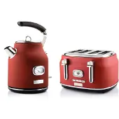 WESTINGHOUSE Retro Ontbijtset, broodrooster met 4 sleuven + waterkoker 1.7L, Waterkoker, Rood