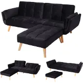 Mendler Slaapbank -K18 met voetenbank, slaapbank logeerbed, slaapfunctie 218x175cm ~ fluweel zwart