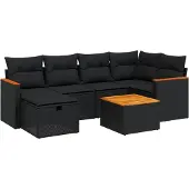 vidaXL 7-delige Loungeset met kussens poly rattan zwart