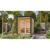 Karibu Saunahuis Buiten sauna Tuin sauna Ares 1, onbehandeld, oven 9 kW, externe bediening, easy, 38 mm massief hout, 191x276x232 cm, metaalkleur: antraciet