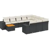 vidaXL 11-delige tuinmeubelset met kussens, zwart, polyrotan