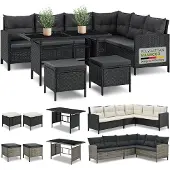 Juskys Jusky’s Loungeset Manacor – Polyrotan Hoekset – 7-Persoons - Met Krukken – 110 x 80 x 62 cm- Zwart/Grijs