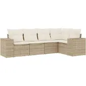 vidaXL 5-delige tuinmeubelset met kussens, beige, van polyrotan