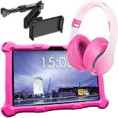 AngelTech Luxe OnderwegPakket XL – Kindertablet XL Roze + Kinderkoptelefoon + Tablethouder - Kindertablet Vanaf 3 Jaar – Kinder Tablet – Kids Tablet - Tablet voor Kinderen