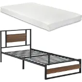 En.casa Metalen bed Villach met matras 90x200 cm zwart en walnoot
