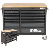 Baumarktplus - Werkplaatswagen DELUXE - 12 Laden - 123 cm Breed - Massief Hardhouten Werkblad - Gereedschapswagen - Antraciet - Leeg