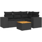 vidaXL 5-delige Loungeset met kussens poly rattan zwart