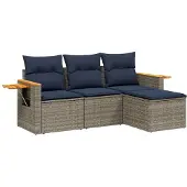 vidaXL 4-delige Loungeset met kussens poly rattan grijs