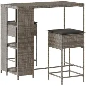 vidaXL 3-delige Tuinbarset met kussens poly rattan grijs