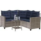 vidaXL Tuinbank met tafel en kussens L-vormig poly rattan grijs