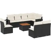 vidaXL 9-delige Loungeset met kussens poly rattan zwart