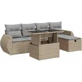 vidaXL 6-delige tuinmeubelset met kussens, beige, polyrotan