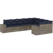 vidaXL 9-delige tuinbankset met kussens, grijs polyrotan