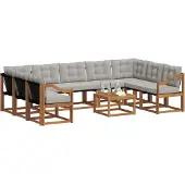 vidaXL Buiten bank set met kussen 10 pcs Natuurlijk en Licht Grijs