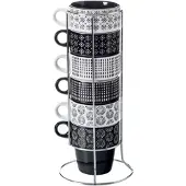 Secret De Gourmet Keramische Koffiemok Set met Metalen Rek - 6 stuks, 260 mL, Grijs