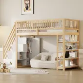 MODFU Hoogslaper 90x200 cm – Naturel hout met kledingkast & ladder – Hoge veiligheidsrand – Kindermeubel