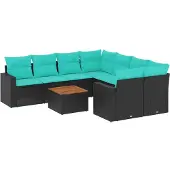 vidaXL 9-delige Loungeset met kussens poly rattan zwart