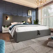 MODFU Bedframe 180x200 cm – Linnen grijs – Met leeslamp, USB-C & hydraulische opbergruimte